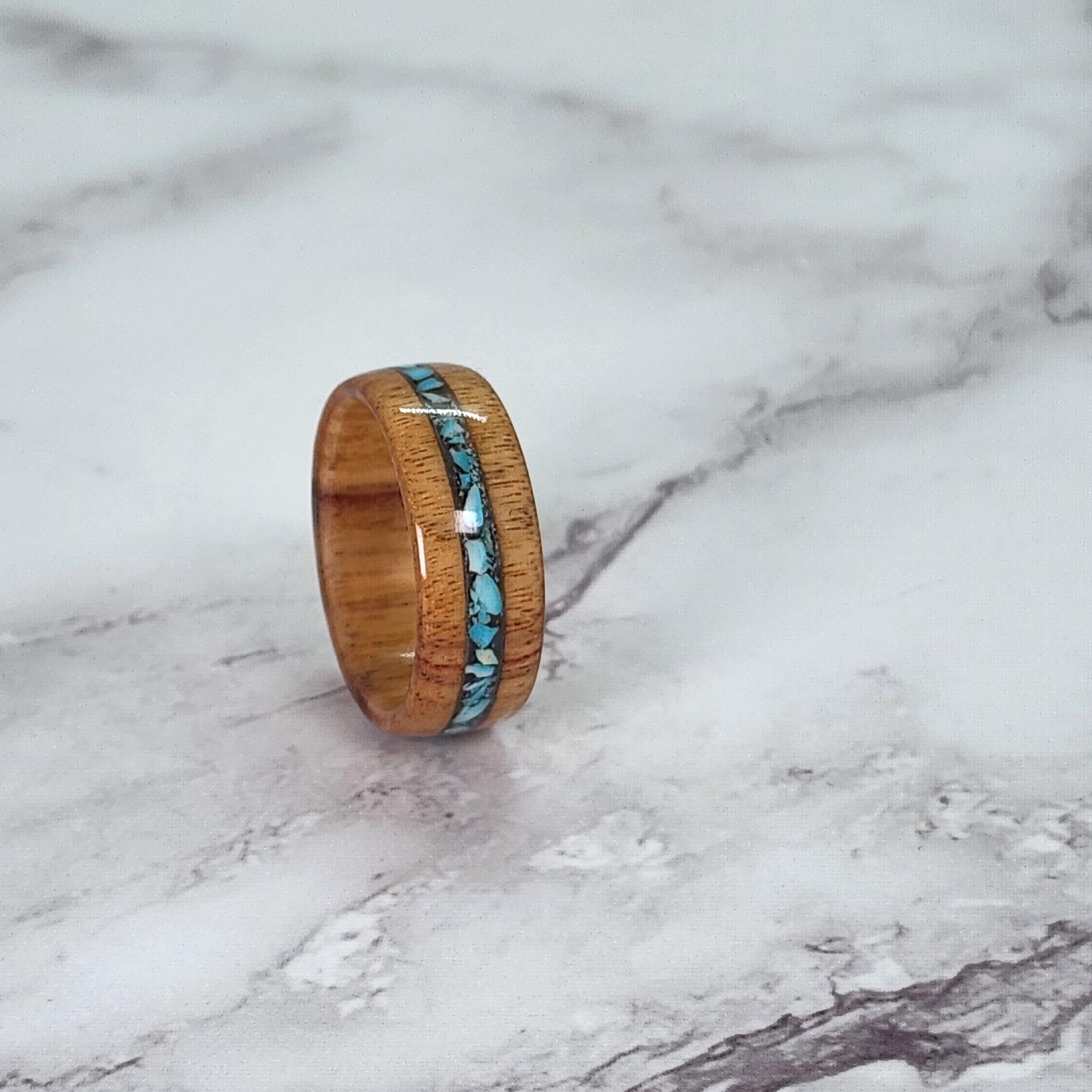 Wood Ring Made with Canarywood with a Turquoise Inlay