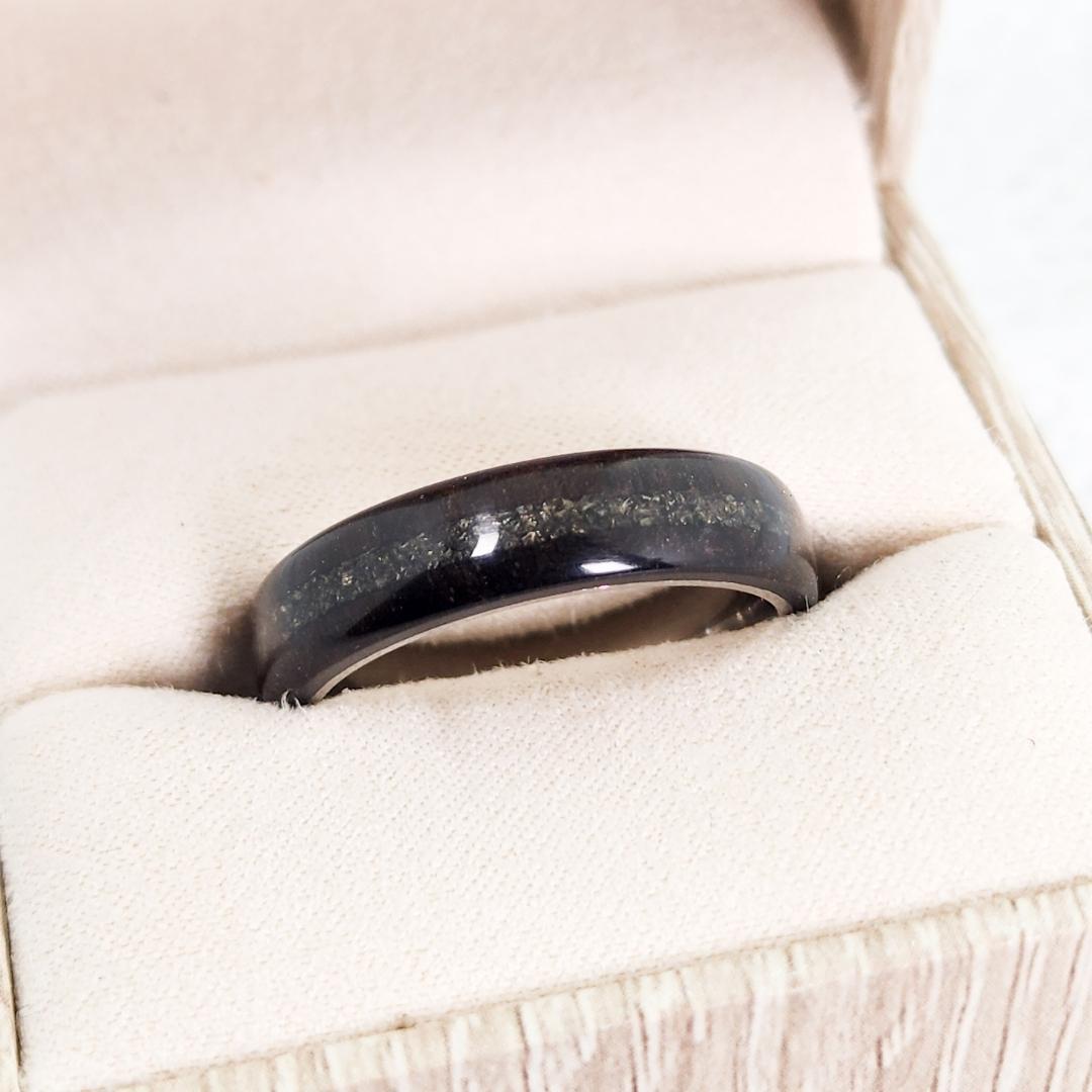 African Blackwood Stainless Steel ring with a Pyrite Inlay in a ring box