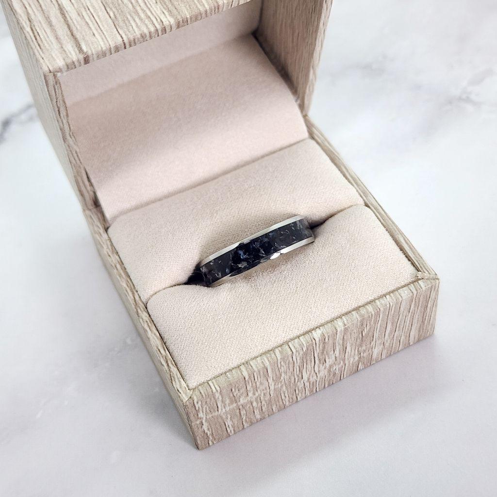 Black Tourmaline Stainless Steel Inlay Ring in a ring box